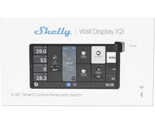 Logo Shelly, Shelly Wall Display X2i, panneau de commande intelligent de 6,95 pouces avec interrupteur, argenté, affichage de la température.