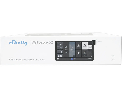 Shelly Logo, emballage Shelly Wall Display X2i, panneau de commande intelligent avec interrupteur, écran 6,95 pouces, Wi-Fi et Bluetooth.