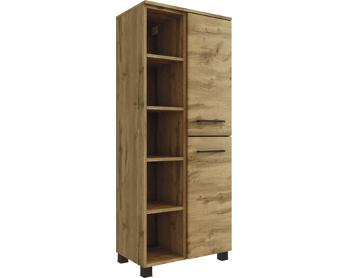 Hochschrank in Eichenoptik mit offenem Regal links und zwei Türen rechts mit schwarzen Griffen.