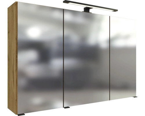 Armoire de toilette trois portes avec éclairage LED et corps en bois aspect chêne.