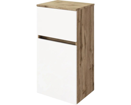 Badschrank mit zwei weißen Fronten und Korpus in Eichenoptik, griffloses Design.