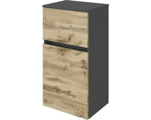 Badezimmer-Unterschrank mit Korpus in Anthrazit und Fronten in Eichenholzoptik.