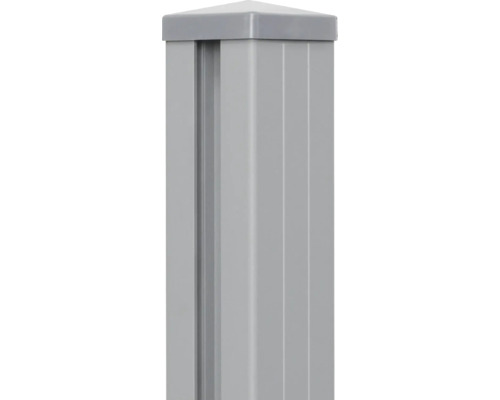 Zaunpfosten aus Aluminium in Grau mit Nut für Sichtschutzelemente und Pfostenkappe.