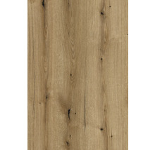 Gros plan d une surface en bois aspect chêne avec des veines marquées, des nœuds et de fines fissures.
