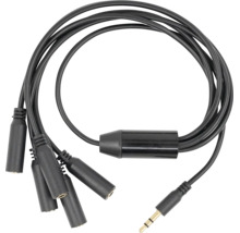 Schwarzes Audiokabel-Verteiler mit einem Klinkenstecker und fünf Klinkenbuchsen.