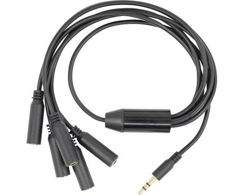 Schwarzes Audiokabel-Verteiler mit einem Klinkenstecker und fünf Klinkenbuchsen.