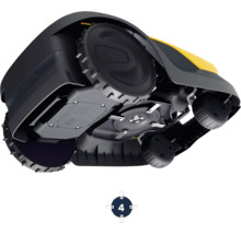 Vue de dessous d'un robot tondeuse avec roues et lames