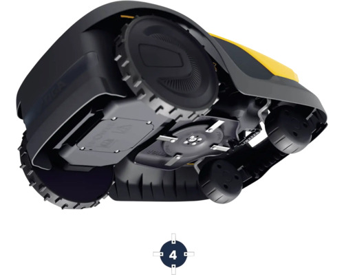 Vue de dessous d'un robot tondeuse avec roues et lames