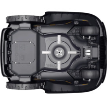 Dessous d'un robot tondeuse avec roues et lames