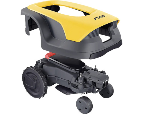 Robot tondeuse Stiga avec boîtier jaune