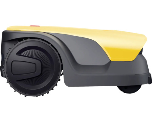 Gelber und grauer Rasenmähroboter im Detail