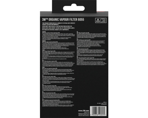 Filtre à gaz organique 3M 6055 avec avertissements et informations sur les caractéristiques du produit