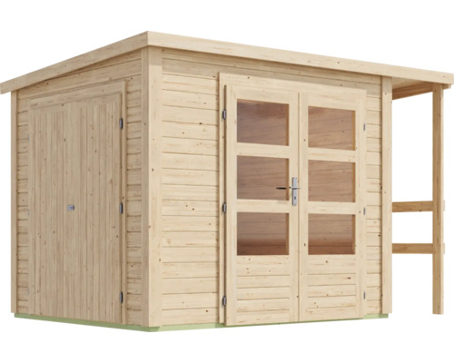 Abri de jardin en bois avec double porte et porte latérale