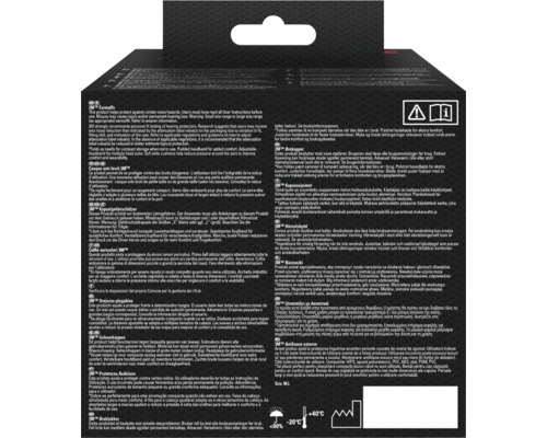 Emballage du casque antibruit 3M avec indication de la taille et plage de température