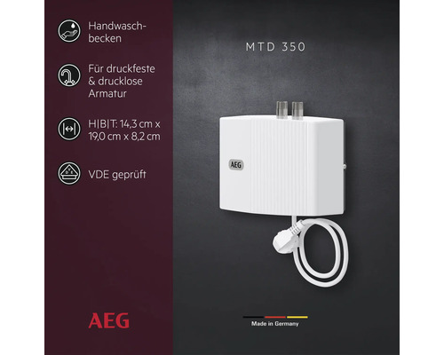 Chauffe-eau instantané compact AEG MTD 350 pour lavabos et robinetterie résistante à la pression, certifié VDE