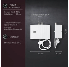 Abbildung eines AEG Warmwassergerätes mit Produktabmessungen und technischen Daten.