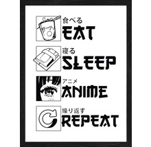 Grafikdruck mit der Aufschrift Essen, Schlafen, Anime, Wiederholen in einem Rahmen