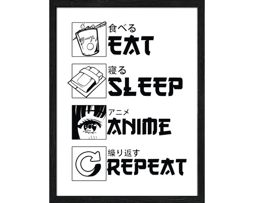 Grafikdruck mit der Aufschrift Essen, Schlafen, Anime, Wiederholen in einem Rahmen