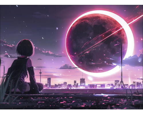 Illustration einer Frau, die auf eine Stadtlandschaft mit einem großen Mond schaut