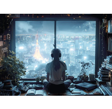 Eine Person sitzt mit Kopfhörern am Fenster und blickt auf eine beleuchtete Stadt.