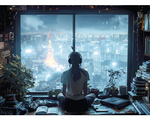 Leinwandbild Manga Skyline Idyll II 77x57 cm Eine Person sitzt mit Kopfhörern am Fenster und blickt auf eine beleuchtete Stadt.