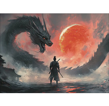Illustration eines Kriegers vor einem Drachen und einem roten Mond
