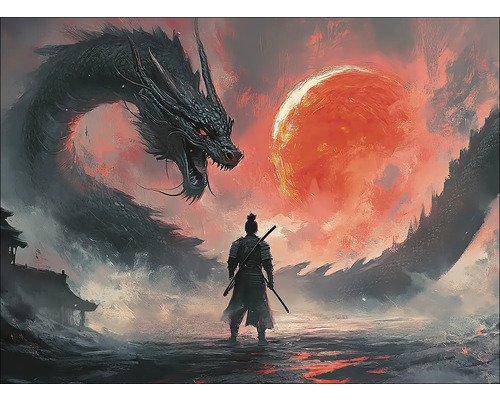 Leinwandbild Manga Dragon Fight 77x57 cm Illustration eines Kriegers vor einem Drachen und einem roten Mond