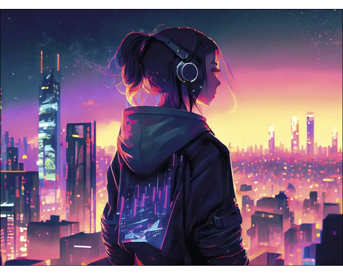 Eine Person mit Kopfhörern und Jacke blickt auf eine städtische Skyline.