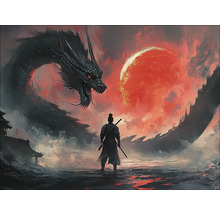 Gemälde mit Samurai und Drache vor rotem Himmel