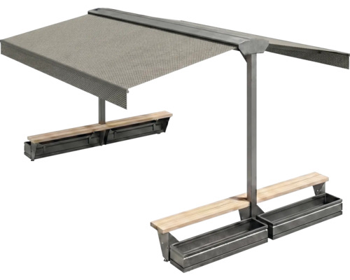 Groupe de sièges avec store, bancs et jardinières pour l'extérieur