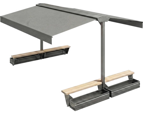 Groupe de sièges avec store, bancs en bois et bacs à plantes