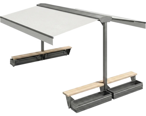 Groupe de sièges avec toit de protection solaire et jardinières pour l'extérieur