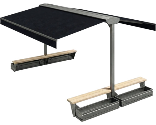 Doppelsitzbank mit integrierten Pflanzkästen und Sonnenschutz