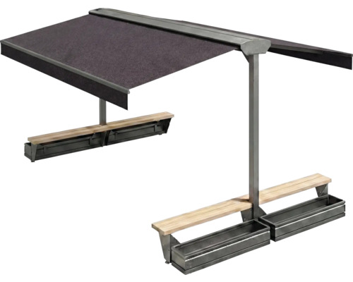 Store banne autoportant avec banc et jardinières pour l'extérieur.