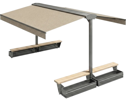 Ensemble de jardin avec store, bancs et jardinières