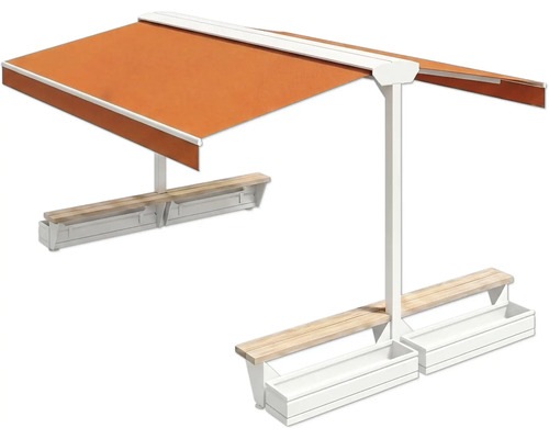 Groupe de sièges avec toit de protection solaire et jardinières intégrées