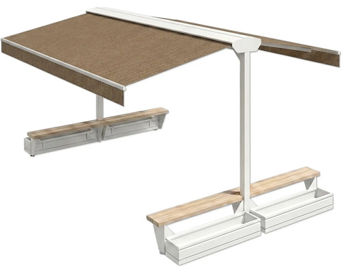 Freistehende Terrassenüberdachung mit Markise, Sitzbänken und Pflanzkästen