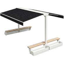 Groupe de sièges avec toit de protection solaire et jardinières intégrées