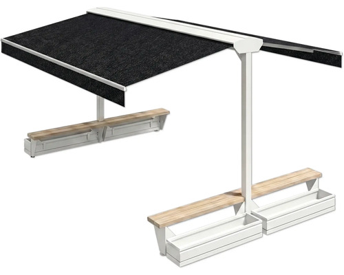 Groupe de sièges avec toit de protection solaire et jardinières intégrées