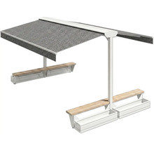 Groupe de sièges avec protection solaire et jardinières intégrées pour l'extérieur