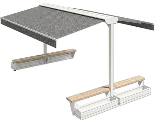 Groupe de sièges avec protection solaire et jardinières intégrées pour l'extérieur