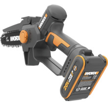 Scie d ebranchage sans fil Worx en noir et orange avec batterie 20 Volt et longueur de guide de 15 centimètres.
