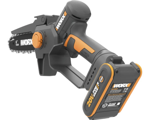 Scie d ebranchage sans fil Worx en noir et orange avec batterie 20 Volt et longueur de guide de 15 centimètres.