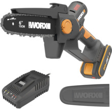 Tronçonneuse sans fil Worx 20V avec guide de 15 cm, batterie, chargeur et protège-chaîne.