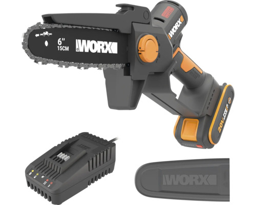 Tronçonneuse sans fil Worx 20V avec guide de 15 cm, batterie, chargeur et protège-chaîne.