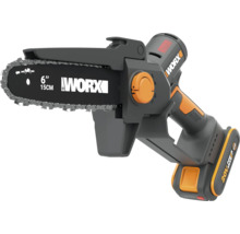 Mini tronçonneuse à batterie Worx avec guide de 15 centimètres et batterie 20 Volt.