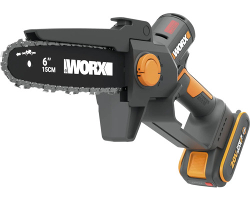 Mini tronçonneuse à batterie Worx avec guide de 15 centimètres et batterie 20 Volt.