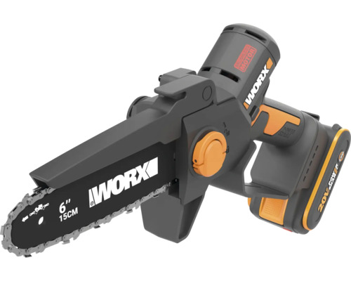 Tronçonneuse à batterie Worx 20 Volt avec guide de 15 centimètres et moteur sans balais.