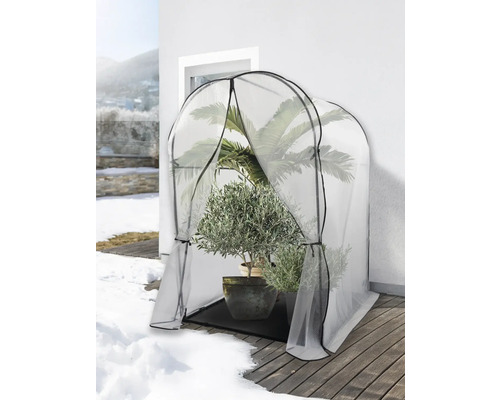 Tente pour plantes avec plantes sur une terrasse en hiver