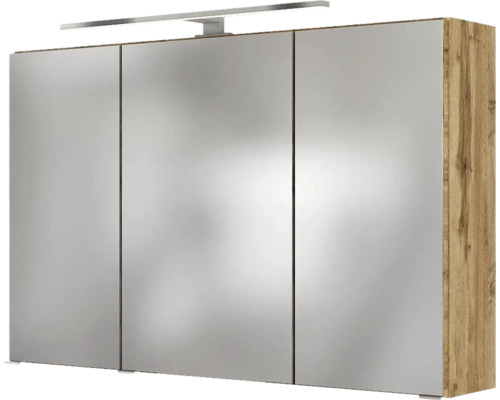Armoire de toilette à trois portes avec luminaire en saillie et corps en aspect bois pour la salle de bains.